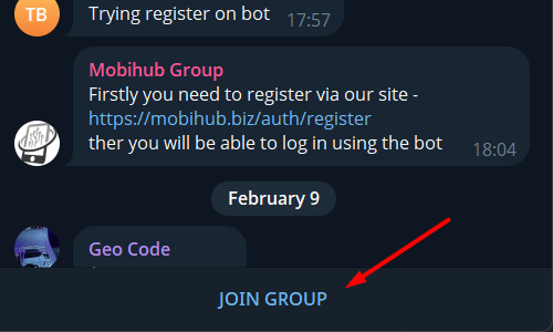 Регистрация Mobihub шаг 1 — Telegram группа