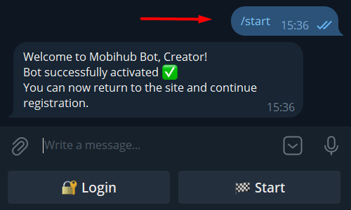 Регистрация Mobihub шаг 2 — Telegram бот